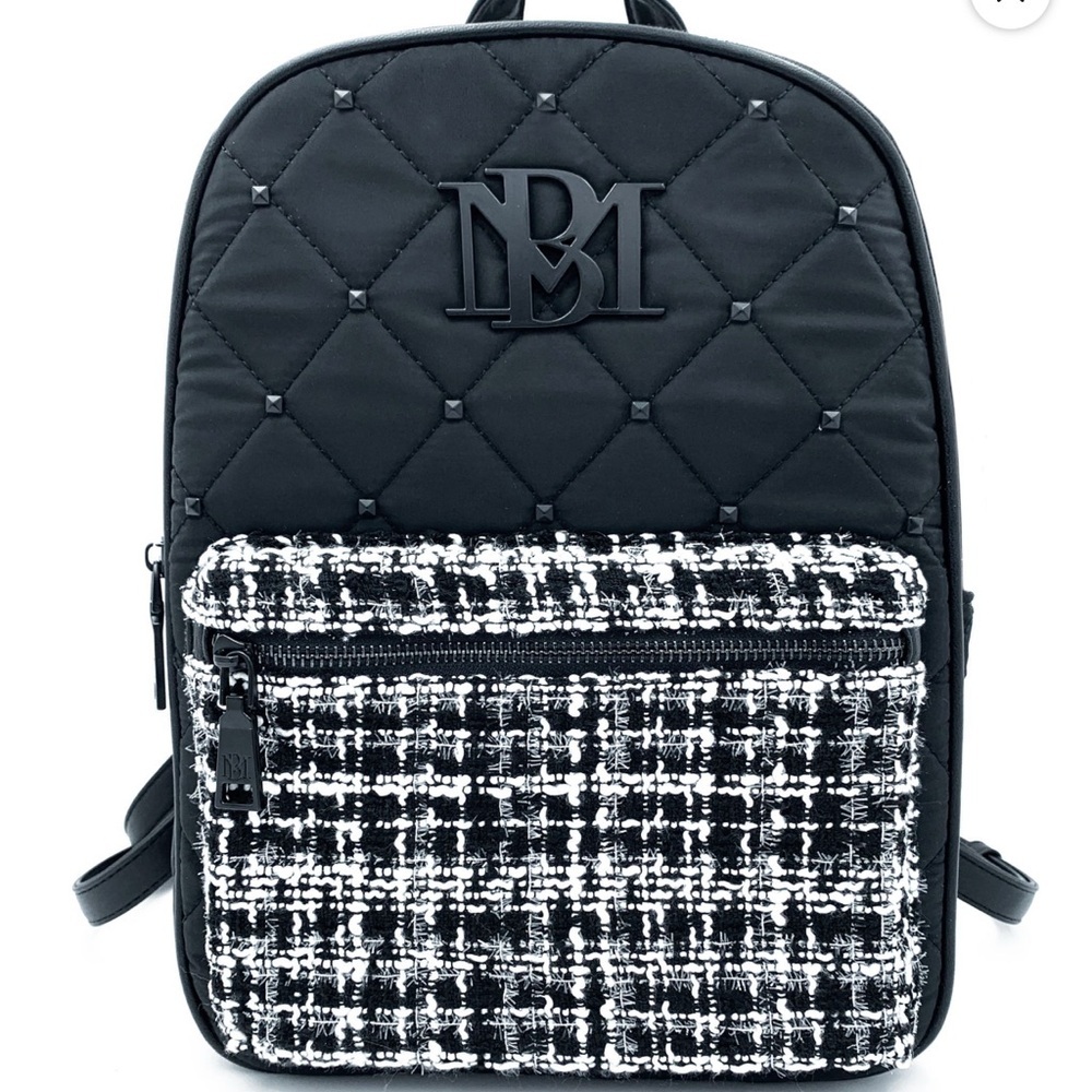 Badgley Mischka Black Quilted Backpack with Tweed Pocket